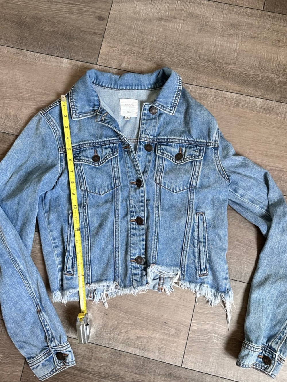 Cropped Denim Jacket Y2K Grunge Raw Hem Fitted Blue Small Hidden Jeans - Picture 6 of 8